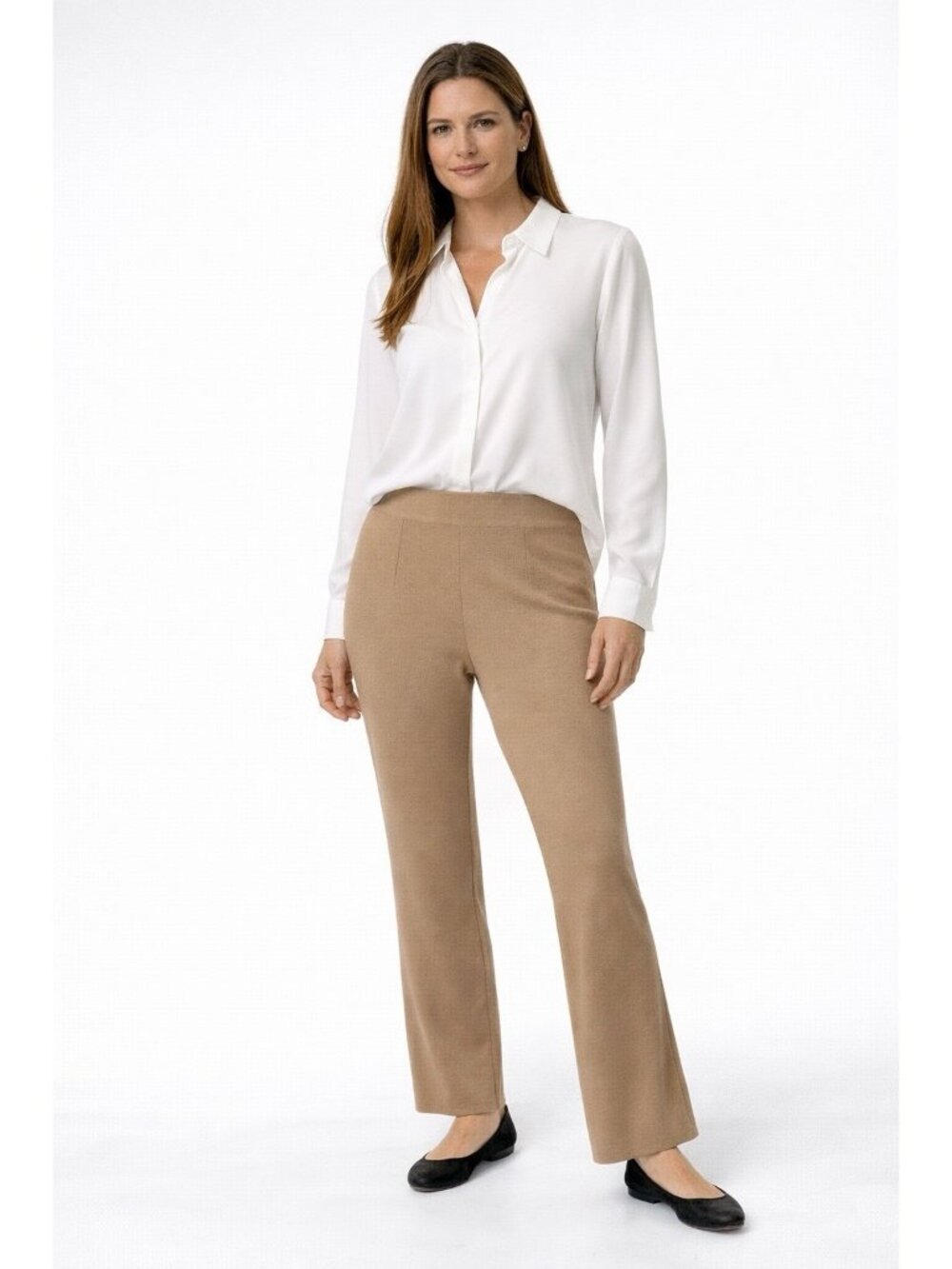MING WANG pants slacks beige SMALL ankle straight slim elastic waist knit